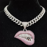 Hip Hop Bite Lip Shape Pendant Necklace Crystal Cuban Chain Bling Jewelry