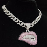 Hip Hop Bite Lip Shape Pendant Necklace Crystal Cuban Chain Bling Jewelry