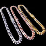 13MM AAA Rhinestone Miami Cuban Link Chain Necklace Hip Hop Silver Jewelry