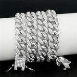 13MM AAA Rhinestone Miami Cuban Link Chain Necklace Hip Hop Silver Jewelry