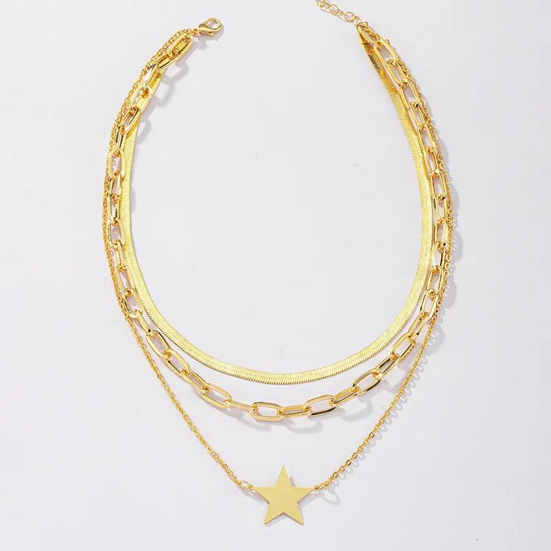 Flat Blade Snake Chain Choker Layered Star Pendant Necklaces