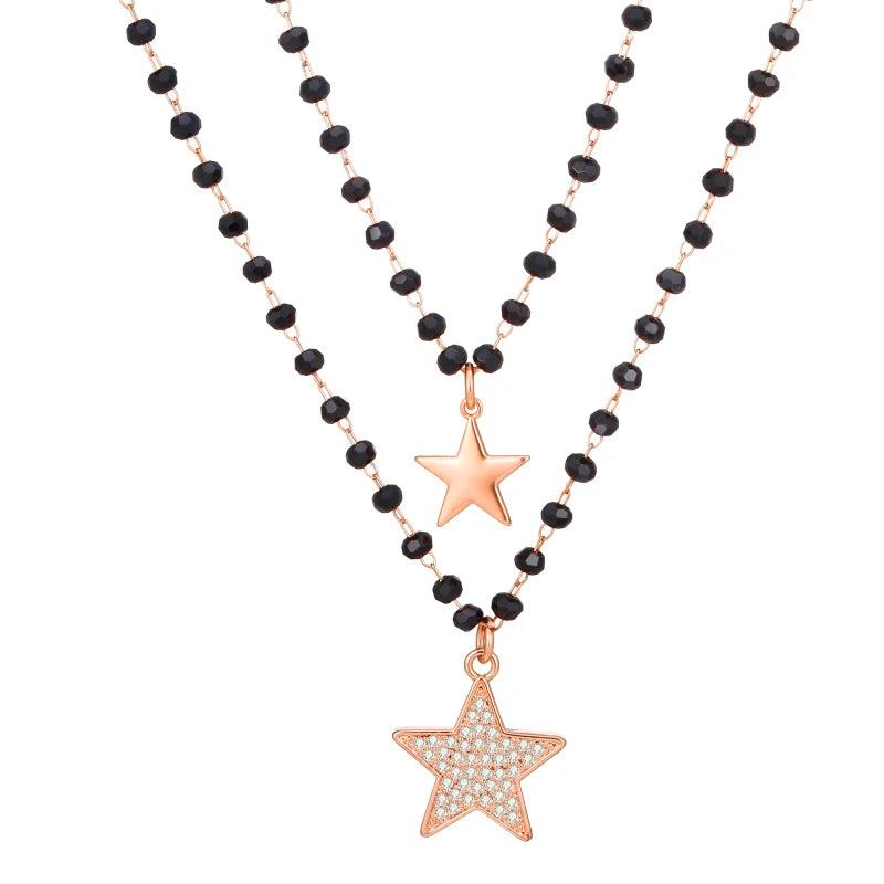 Double Stars Pendant Necklaces For Women Crystal Beads Layered Chain Necklace