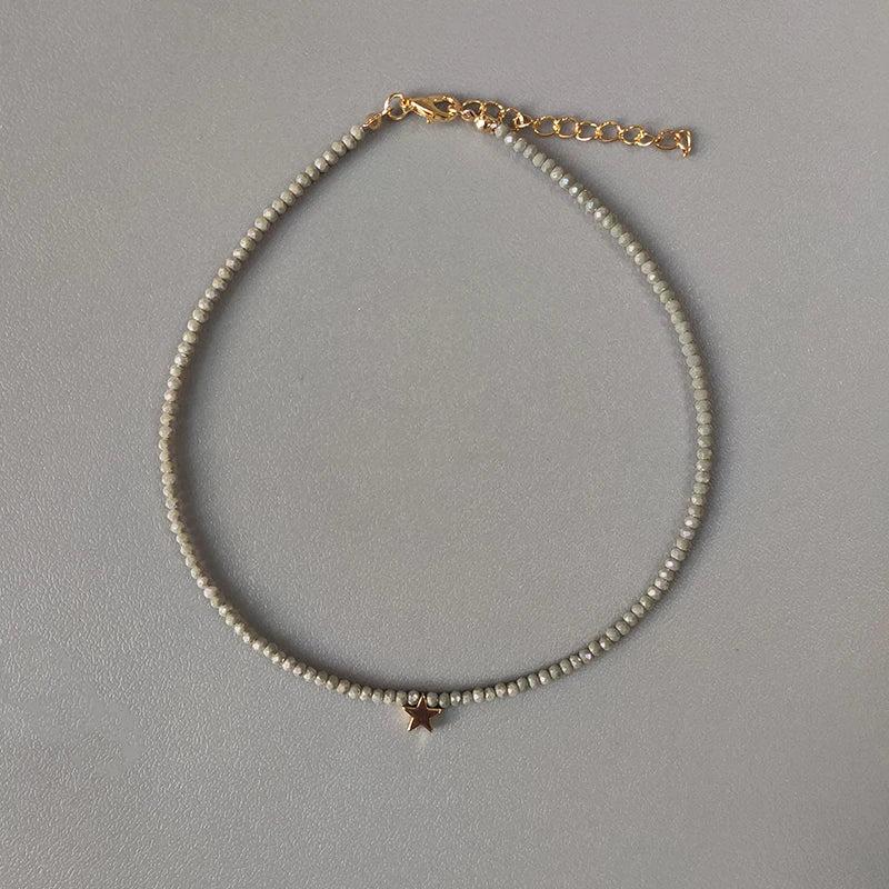Crystal Beaded Choker Gold Star Pendant Charm Necklace