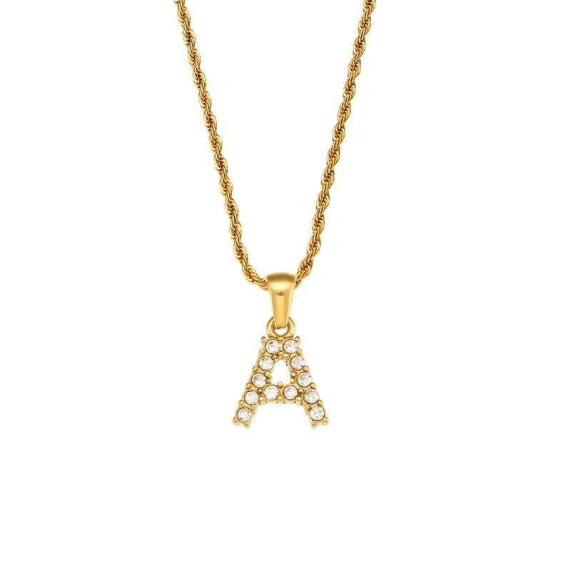 Stainless Steel PVD Waterproof Crystal Letter Pendant Necklace