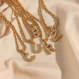 Stainless Steel PVD Waterproof Crystal Letter Pendant Necklace