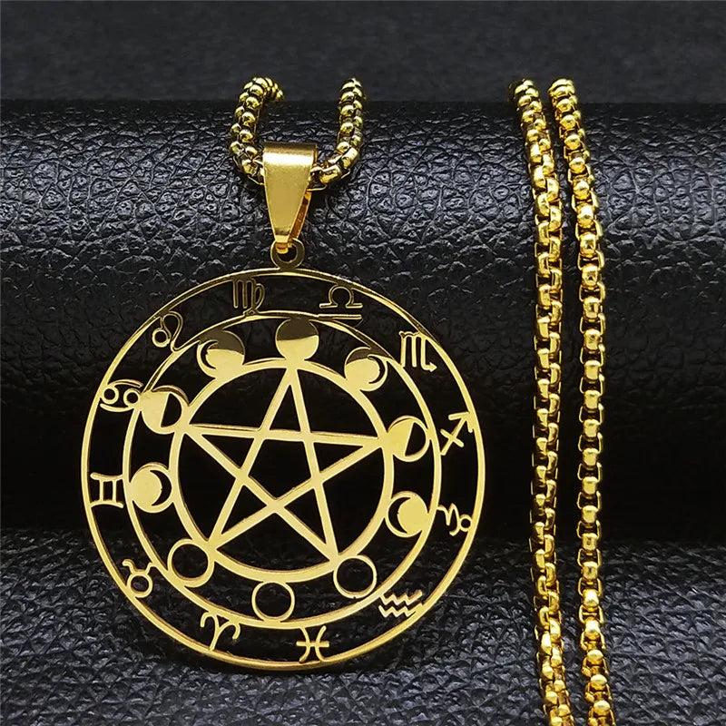 Pentagram Moon Phase Chain Necklace Stainless Steel Jewelry Colar