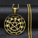 Pentagram Moon Phase Chain Necklace Stainless Steel Jewelry Colar
