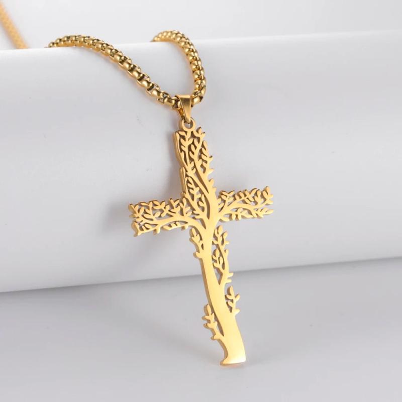 Tree of Life Cross Man Necklace Stainless Steel Silver Statement Jewelry