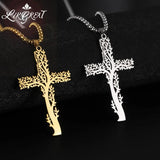 Tree of Life Cross Man Necklace Stainless Steel Silver Statement Jewelry