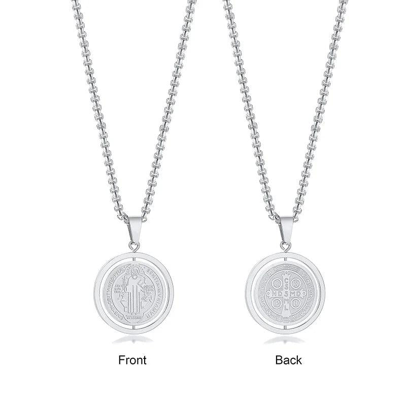 Catholic St Benedict Spinner Necklace Coin Pendant Stainless Steel