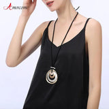 Women Long Leather Necklace Metal Circle Pendant Chains Collares Jewelry