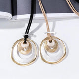 Women Long Leather Necklace Metal Circle Pendant Chains Collares Jewelry