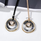 Women Long Leather Necklace Metal Circle Pendant Chains Collares Jewelry