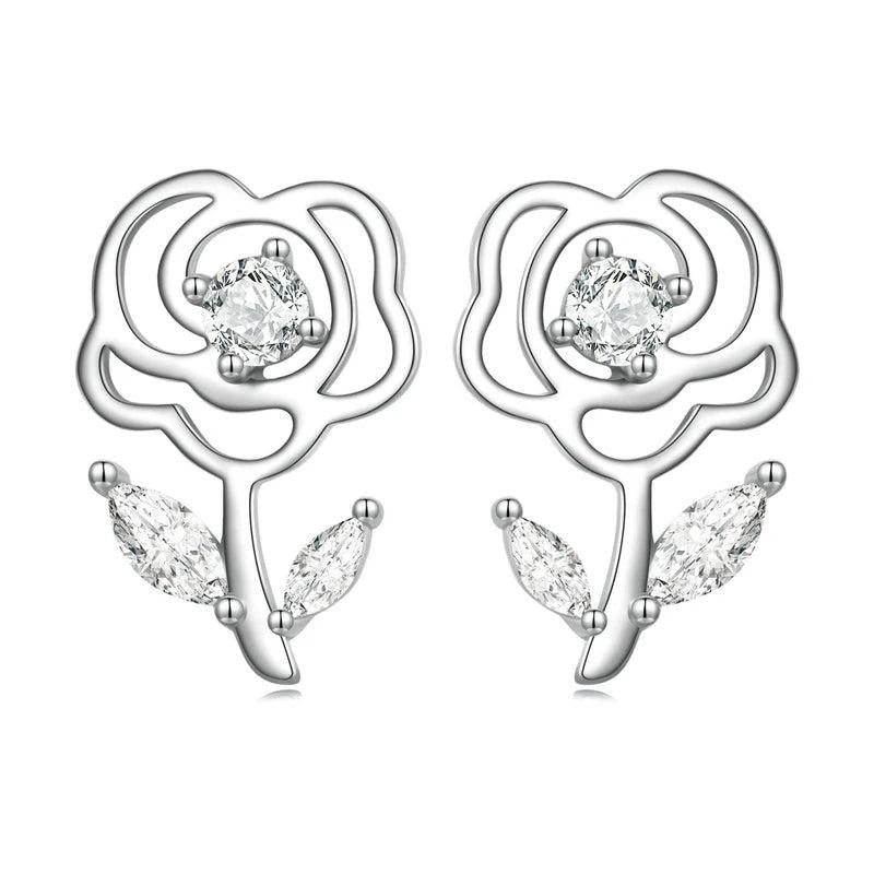 S925 Sterling Silver Rose Flower Stud Earring with Zircon for Women