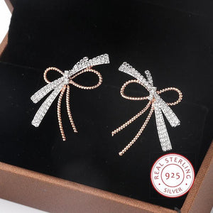 S925 Silver Bowknot Stud Earrings Two Tone Zircon Ear Studs for Women