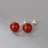 925 Silver Agate Stud Earrings Simple Screw Piercing Jewelry