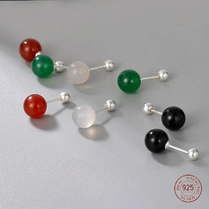 925 Silver Agate Stud Earrings Simple Screw Piercing Jewelry