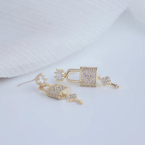14k Gold Plated Zircon Lock Key Earrings for Women