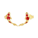 925 Silver Koi Fish Red Carp Stud Earrings Platinum Plated Zircon Jewelry