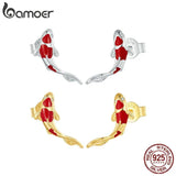 925 Silver Koi Fish Red Carp Stud Earrings Platinum Plated Zircon Jewelry