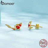 925 Silver Koi Fish Red Carp Stud Earrings Platinum Plated Zircon Jewelry