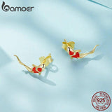 925 Silver Koi Fish Red Carp Stud Earrings Platinum Plated Zircon Jewelry