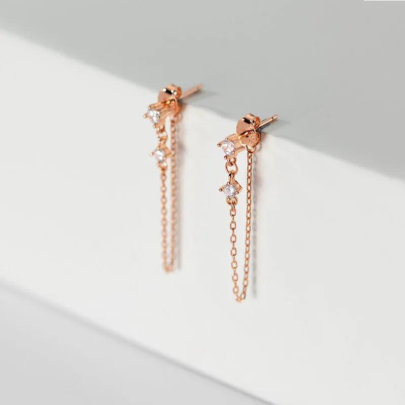 925 Silver Punk Chain Zircon Tassel Stud Earring Women Party Gift