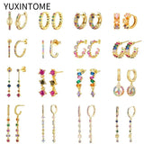 Colorful Crystal Stud Earrings with Long Chain Pendant