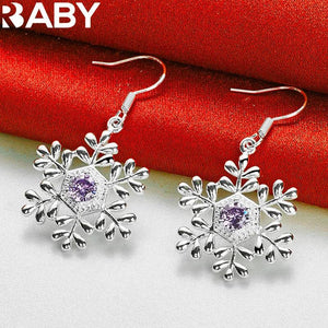 URBABY 925 Silver Purple Zircon Snowflake Earrings Wedding Party Jewelry