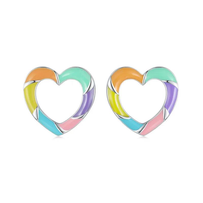 925 Silver Rainbow Heart Stud Earrings Colorful Candy Hoop Girl Gift