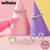 925 Silver Rainbow Heart Stud Earrings Colorful Candy Hoop Girl Gift