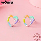925 Silver Rainbow Heart Stud Earrings Colorful Candy Hoop Girl Gift