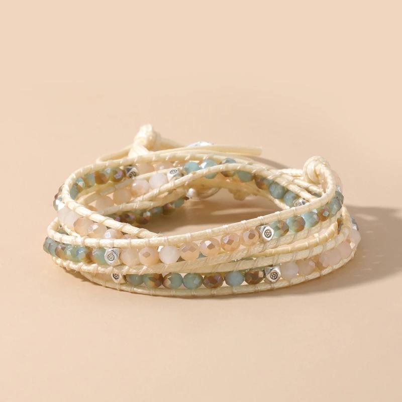 Beige Natural Stone Cut Water Leather Woven Bracelet