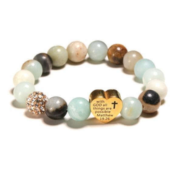 Stainless Steel Heart Pave Ball Stone Bracelet Amazonite Stretchy Bracelet