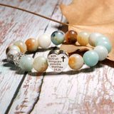 Stainless Steel Heart Pave Ball Stone Bracelet Amazonite Stretchy Bracelet