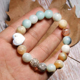Stainless Steel Heart Pave Ball Stone Bracelet Amazonite Stretchy Bracelet