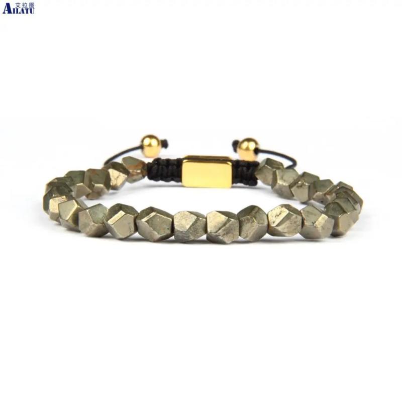 Natural Pyrite Stone Macrame Bracelet Healing Energy Men Women Bangle