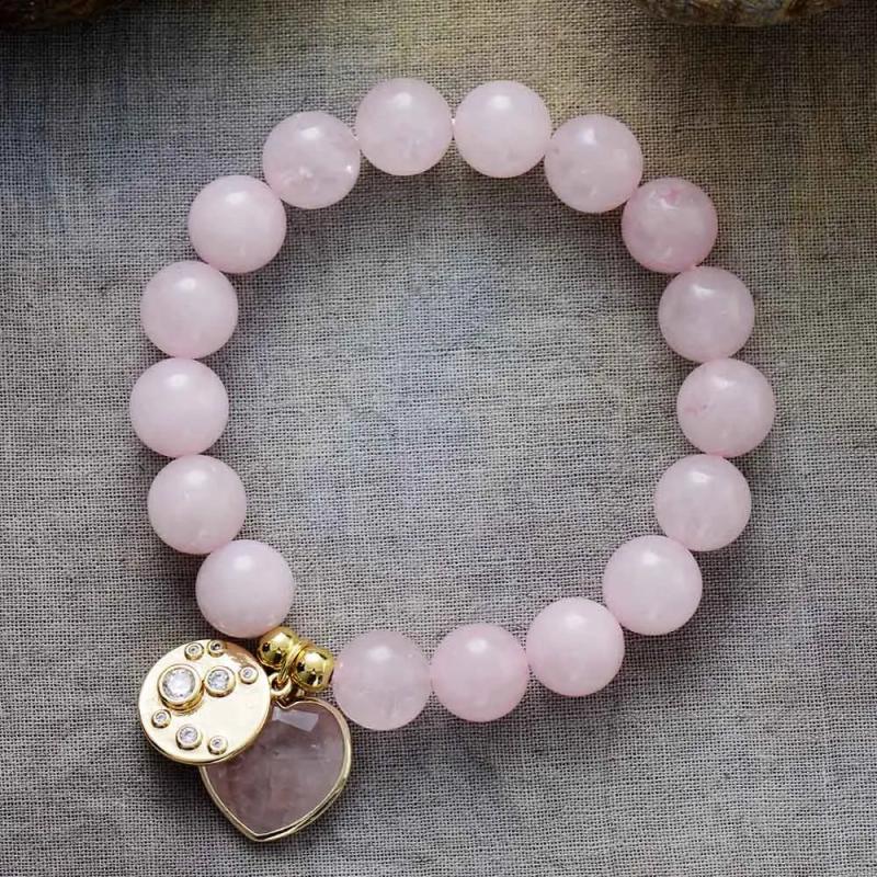 Rose Quartz Heart Charm Bead Bracelet, Stretch Elastic