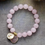 Rose Quartz Heart Charm Bead Bracelet, Stretch Elastic