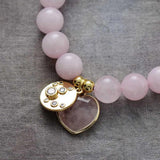 Rose Quartz Heart Charm Bead Bracelet, Stretch Elastic