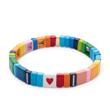 Colorful Beads Bangle Bracelet with Heart Charm for Women