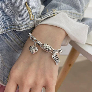 Vintage Thai Silver Bracelet for Women Geometric Heart Lucky Punk Jewelry