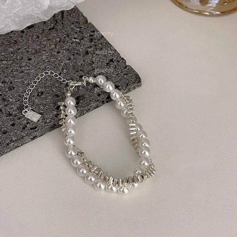 925 Silver Double Layer Pearl Bracelet Bead Jewelry Charm Bracelet