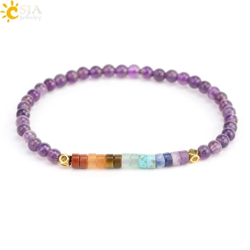 CSJA 7 Chakra Bracelet Amethyst Pink Quartz Crystal Bangle Bracelet