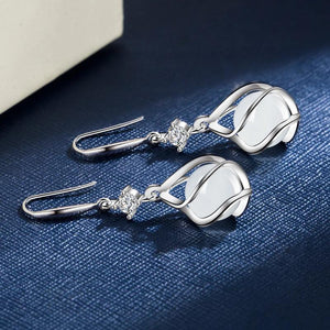 925 Silver Women Earrings Hook Pendant Zircon Round Opal Dangler