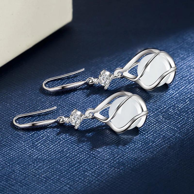 925 Silver Women Earrings Hook Pendant Zircon Round Opal Dangler
