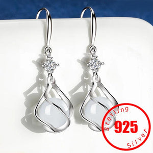 925 Silver Women Earrings Hook Pendant Zircon Round Opal Dangler