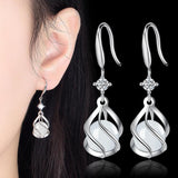 925 Silver Women Earrings Hook Pendant Zircon Round Opal Dangler