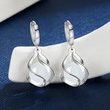 925 Silver Women Earrings Hook Pendant Zircon Round Opal Dangler