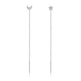Women 925 Silver Star Moon Stud Chain Earring Fine Jewelry